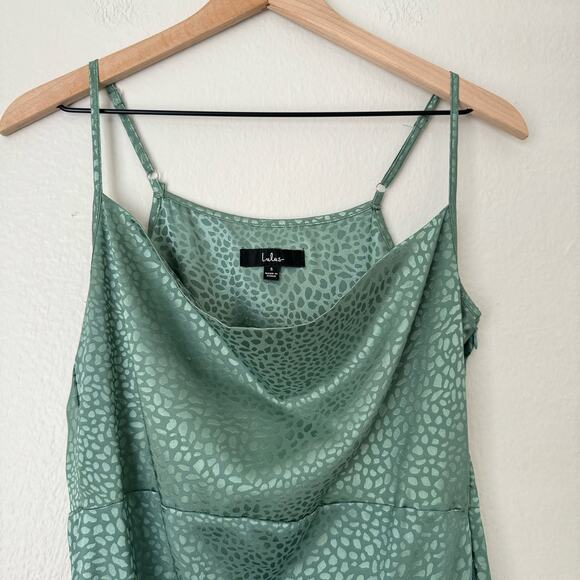 Lulu's Women's Green Midi Dress Cowl Neck Slit Satin Cheetah Print Size Small - Picture 9 of 12